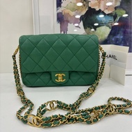 Chanel CF大mini系列23C綠色金扣荔枝皮鏈條包 雙C扣logo鏈條單肩斜挎包 晶片款 有購證