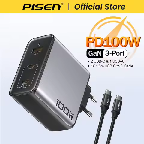 PISEN 100W GaN Charger 3-Port With 1.8m USB C to C Cable PD3.0 Quick Charger For Notebook Laptops Ma
