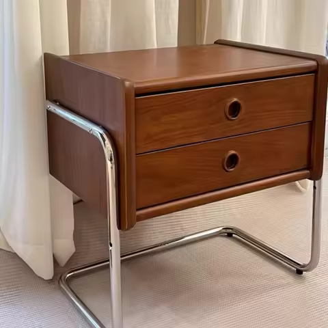 Minimalist Nightstand Vintage Solid Wood Bedside Cabinet Bedroom 2 Layers Drawers Storage Rack Versa