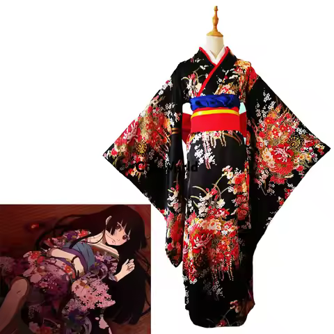 S-5XL Japanese Jigoku Shoujo Enma Ai Kimono Yukata Halloween Outfits Anime Cosplay Costumes