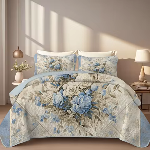 2/3-Piece Floral Printed Quilt Set, Cal King Size, Durable, Breathable, and Unique Summer Bedding Se