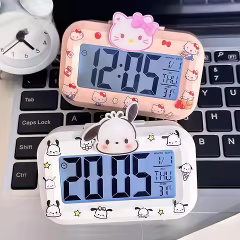 Kawaii Hello Kitty Alarm Clock With Night Light Mini Portable Students Desk Dorm Room Digital Clock 