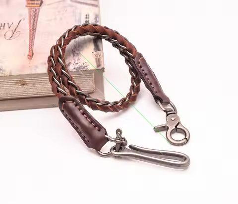 25" Biker Motocycle Handmade Brown Leather Braided Punk Rock Wallet Chain Biker Trucker Wallet Chain