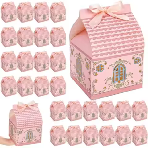 50 Pieces House Shaped Gift Boxes Large Party Favor Treat Box with Handle Ribbons 5.7 X 5.7 x 8.7 In