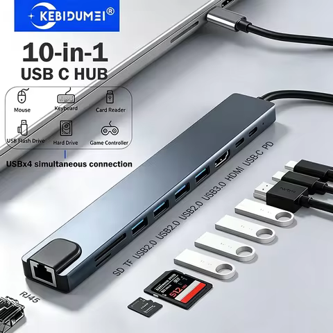 KEBIDUMEI 10-in-1 USB C Docking Station TYPE-C HUB 4K HDMI 100Mbps Ethernet PD 100W 4 USB Ports SD T