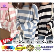 Baju T-shirt Perempuan Lengan Panjang Korea Stripe Shirt Long Sleeve Women Fashion Plus Size Oversize Shirt Women Loose