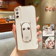 Hontinga Casing Case For Samsung Galaxy Note 20 Ultra 5G 4G S20 Ultra S20 Plus S20 FE Note20 Case With Panda Folding Bracket Stand Fashion Solid Color Luxury Chrome Soft TPU Square Phone Case Full Cover Camera Rubber Case