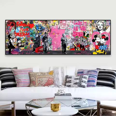 Banksy Multi Character Graffiti Popular Pattern Art Canvas Poster Mickey Monopoly Living Room Home F