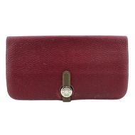 二手愛馬仕 Dogon 長皮夾，品牌標誌，卡槽，零錢包，RED