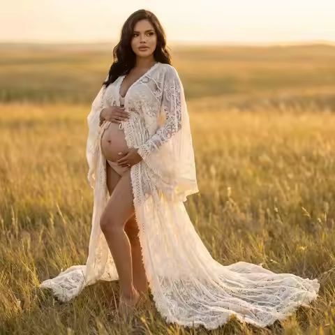 Boho Style Tassels Beige Lace Maternity Photo Shoot Long Dress Bohemian Pregnancy Photography Props 