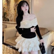 Off-the-Shoulder T-shirt Set Mixed with White Silk Skirt with Inner Lining