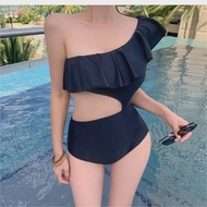 เกาหลี INS สไตล์ Slimming ไม่สมมาตรลูกไม้ Trim One Piece ชุดว่ายน้ําบิกินี่ผู้หญิงแฟชั่นไหล่สายเดี่ย
