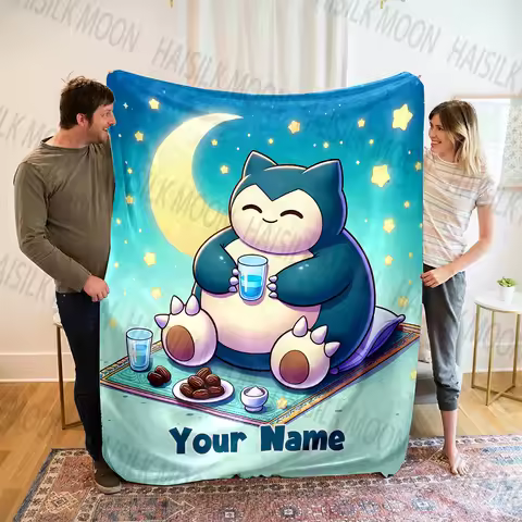 Potdemiel Custom Name Blanket P0kem0n S-Snorlax Cartoon Print Blanket for Sofa, Bed, Travel, Sofa,Ch