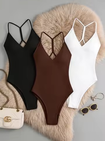 Women 3 Pack Solid V Neck Bodysuit Casual Criss Cross Back Sleeveless Form Fitting One Piece Set