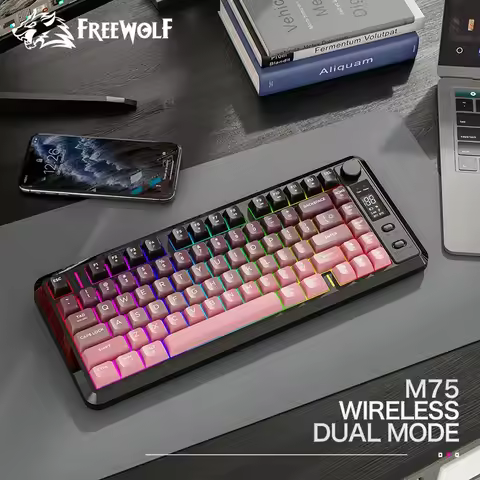 FREEWOLF M75 Wireless Gaming Keyboard - 82-Key Compact, Dual Mode (BT/2.4G), RGB Backlit, OLED Displ