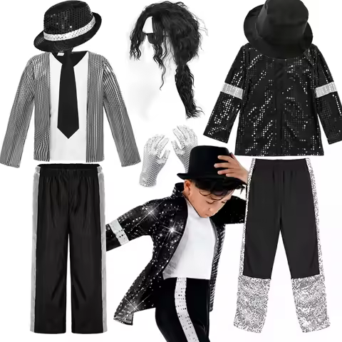 Boys 70s 80s Pop Rock Superstar Costume Jackson Moonwalk Retro Clothing Set for Kid Cosplay Stage Pe