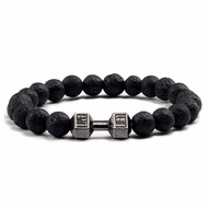 1Pc Fashionable 8mm Volcanic Stone Bracelet, Black Frosted Alloy Dumbbell Energy Bracelet, Yoga Men'
