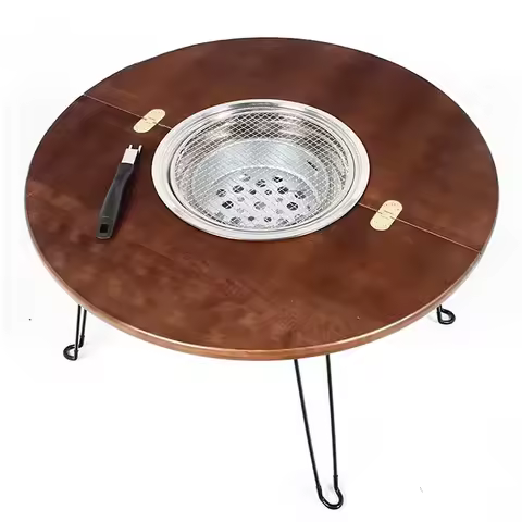 Outdoor Table with Charcoal BBQ Grille Portable Camping Hot Pot Meja Lipat Wooden Folding Picnic Bam