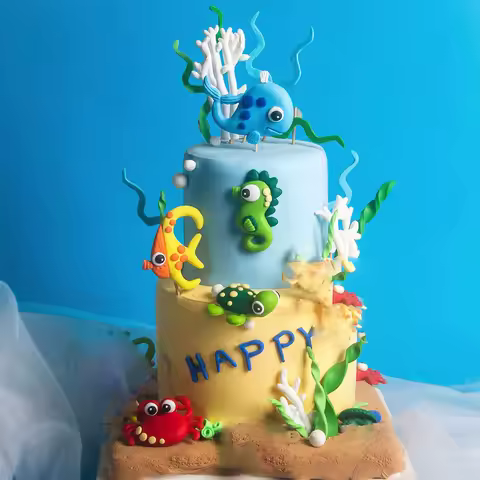 5PCS Under The Sea Cake Decoration Ocean Cake Topper Under The Sea Party Supplies Seahorse Crabs, Wh