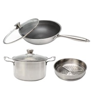 La Vinnce Stainless Steel 30cm Honeycomb Nonstick Wok Set (Include 30 cm Wok, 30cm Steaming Rack & 2