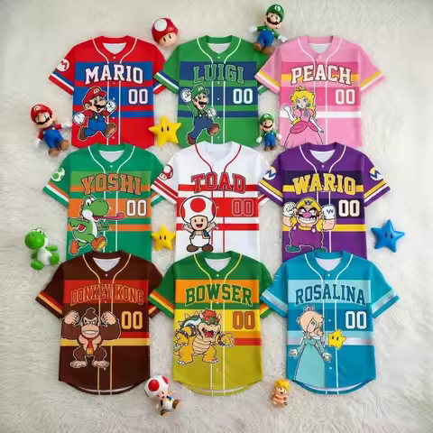 Men Women Super Mario Bros Yoshi Peach baseball Jersey Boy T-Shirt Men Women Short Sleeve Top Short 