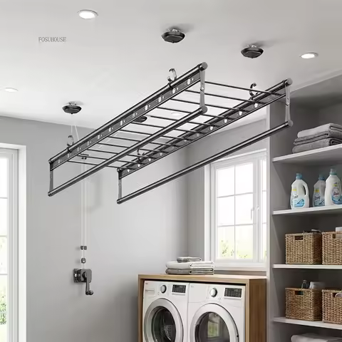 Foldable Indoor Drying Rack Hand Cranked Clothes Dryer 2 Pole Liftable Balcony Laundry Rack Space Sa