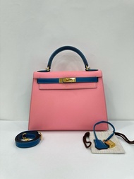 👜Hermes Kelly 28 Rose Confetti with blue color GHW Epsom leather Stamp X愛馬仕 kelly28 奶昔粉拼藍雙拼色 epsom皮 