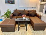 LSHAPE SALA SET BROWN LEATHER WITH GLASS TABLE