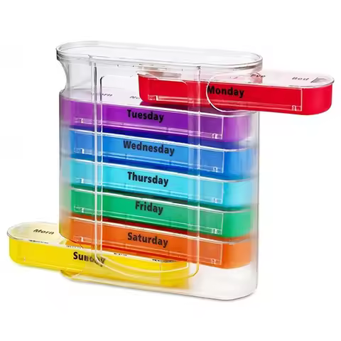 Portable Weekly 7 Days Pill Box Colorful Design Stackable 4 Times A Day Medicine Storage Dispenser/P