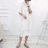 Miliki Dress Katun Brokat Bordir Eyelets Putih Biru Midi Korea Import