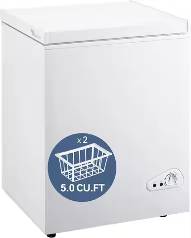 KRIB BLING 5.0 Cu.Ft Compact Chest Freezer with Removable Basket, Krib Bling Top Door Open Freestand