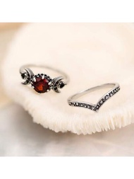 único estilo gótico universo luna Anillo de compromiso Set con rojo zirconia cúbica piedra Anillo de bodas para mujeres , vintage Bisutería