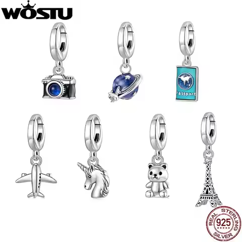 WOSTU 925 Sterling Silver Travel Camera Airplane Charm Bear Pendant Eiffel Tower Keychain Bead Fit C