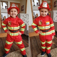 ◙Carnival Fancy Kids Sam Fireman Cosplay Firefighter Work Uniform Boy Girl Performance Suit New Year