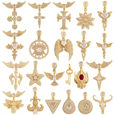 Luxury Angel Wing Crucifix Bird Bull Head Full Zircon Focal Charm Pendant,Creative Geometry 18K Gold