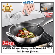 AMGO  5 Layer 304 Stainless Steel Wok Pan Honeycomb Non-Stick with Cover Honey Comb Kuali