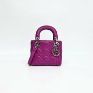 DIOR玫紅色3格銀釦Mini Lady Dior黛妃包