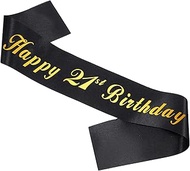 21st Birthday Decoration Sash for Women, Black Happy 21st Birthday Sash with Gold Foil Letters Ideal