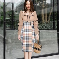 Dress Wanita Motif Kotak Kasual Formal Terbaru Model Sabrina Lengan Panjang Lonceng Kombinasi Pita H