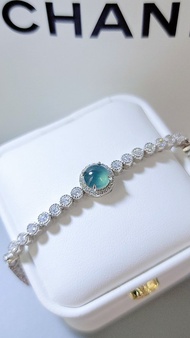 |招財女神鏈|A貨翡翠冰玻藍杠大蛋面7.6mm純銀鍍18k豪鑲款手鏈