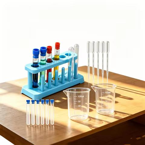 Laboratory Test Tube Rack Kit, Contains 1 Test Tube Rack, 6 Test Tubes, 6 Plastic Graduated Beakers 