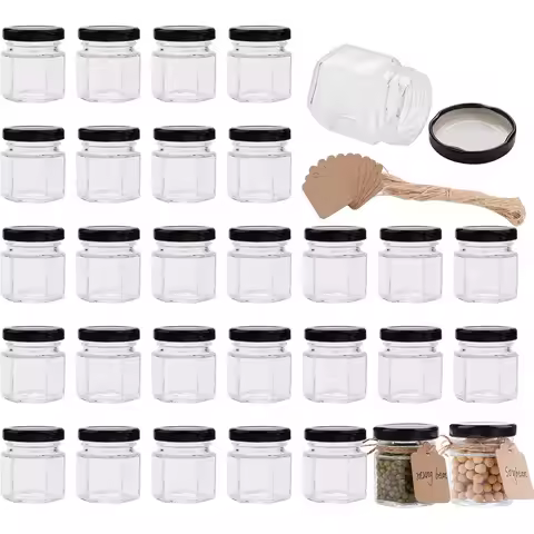 1.5 oz Clear Hexagon Jars,Small Glass Jars With Lids(black),Mason Jars For Herbs,Foods,Jams,Liquid,M