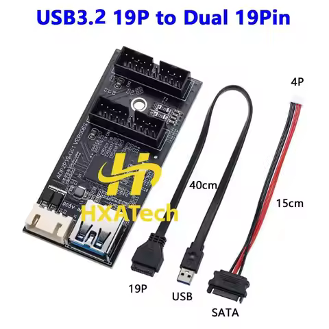 HXATech -Mainboard USB3.2 19P to Dual 19pin Adapter Cable 20pin to 2x19pin port Converter