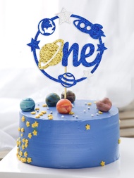 1入組星際火箭地球行星ONE寶寶1歲生日蛋糕裝飾紙牌，太空宇航員主題寶寶第一次生日派對裝飾用品