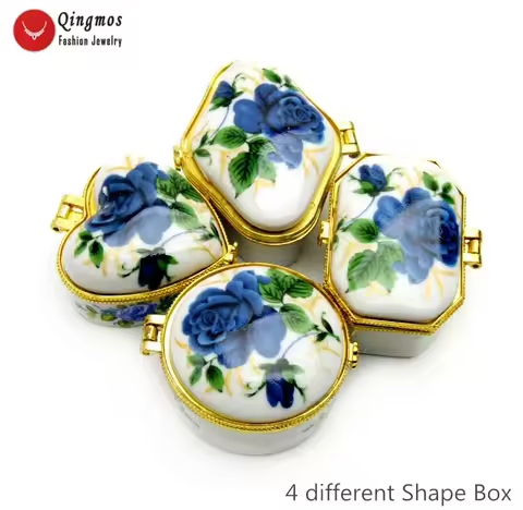 Qingmos 4 PCS 1.5" Blue China Ceramics Multi Purpose Box for Jewelry Displays with Jewelry Box Gift 