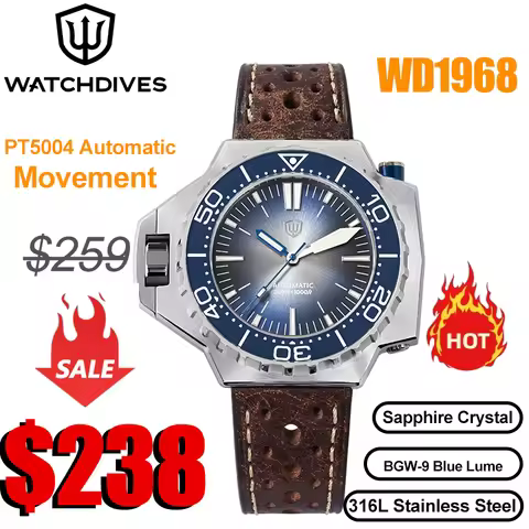 Watchdives WD1968 PT5004/PT5000 Automatic Diver Watch 316L Stainless Steel Sapphire Luminous Ceramic