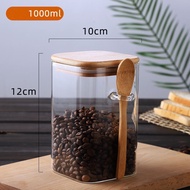 1000/1200/1500mL Square Sealed Glass Storage Jar with Spoon and Bamboo Lid Coffee Bean Grain Seasoni