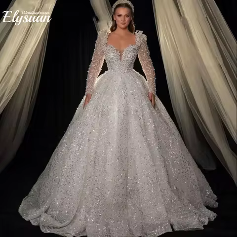 Customized Sweetheart Neck Long Sleeve Wedding Dresses Pearls Ball Gown Dubai Sparkly Bridal Vestido
