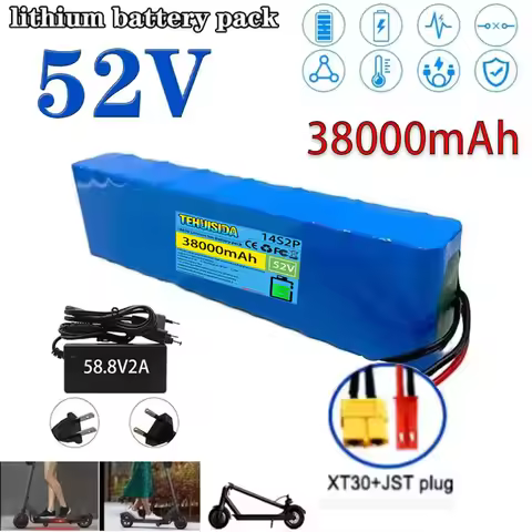 Batterie Li-ion 14S2P 52V 38000mAH, 1500W, Haute Puissance Pour Vélos, Scooters, Motos, BMS Intégré 