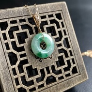 天然緬甸玉翡翠 白底花青平安扣 14kgf項鍊 925銀項鍊 墜頭